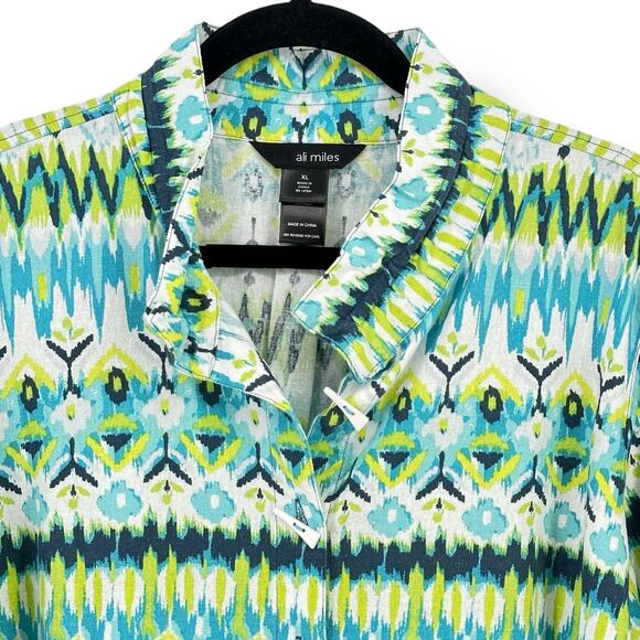 Ali Miles Woven Linen Blend Ikat Point Collar Tunic Top Shirt Sz XL Horn Button - Picture 3 of 8